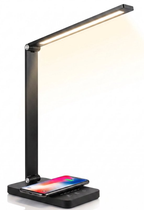 Zwarte LED bureaulamp met een smartphone op de draadloze oplaadbasis.