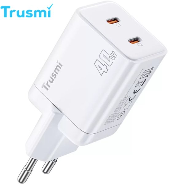 Witte Trusmi 40W GaN oplader met twee USB-C poorten, met CE en ROHS logo's.