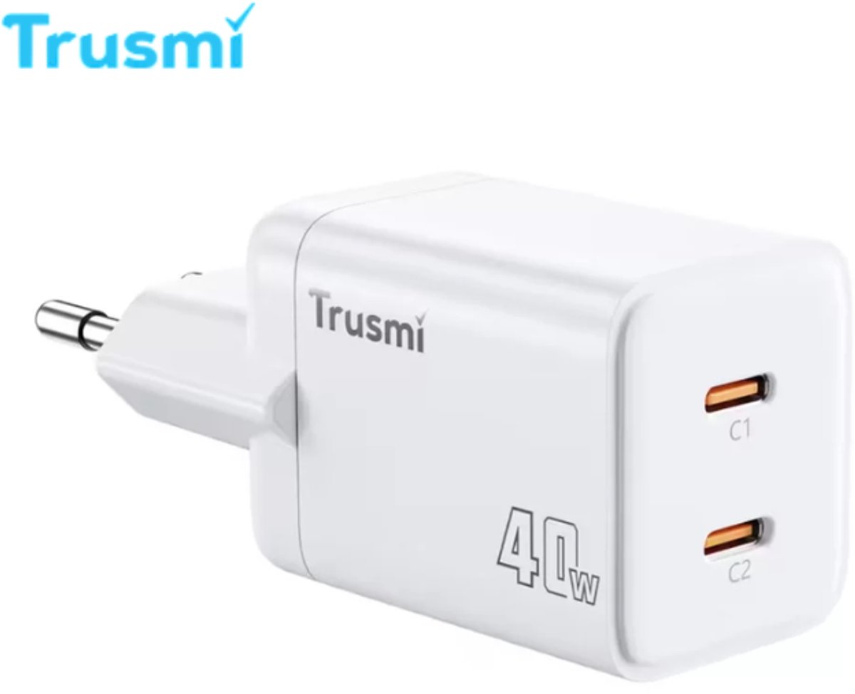 TRUSMI CH25-03 40W 2x USB-C GaN Fast Charger Adapter - Wit - Snelladen voor Smartphone, Tablet & Laptop