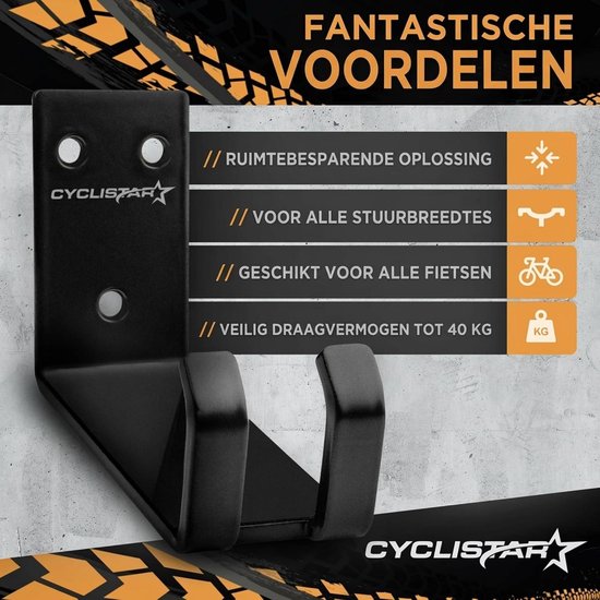 CYCLISTAR Fietswandhouder tot 40 kg, robuuste fietshouder voor MTB, racefiets, e-bike, fietshouder, wandpedaalophanging + 2 x steunhoek van Merkloos — afbeelding 4