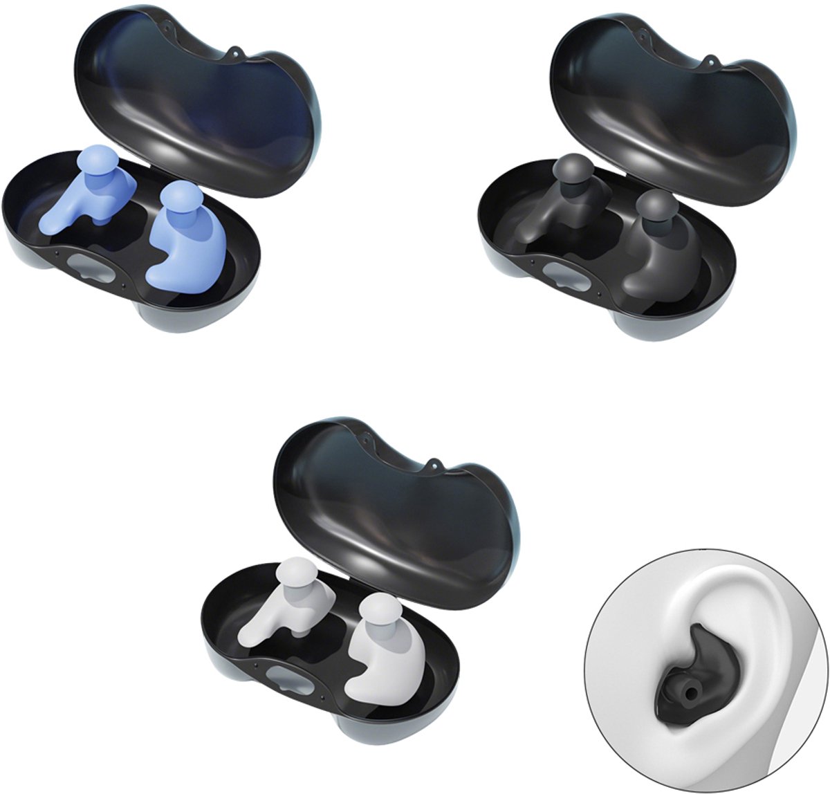 3-delige Siliconen oordoppen - Set zwemoordoppen - Oordoppen - Ergonomische oordoppen - Inclusief opbergdoosje - Waterdicht - Geschikt voor zwembaden, douches, snorkelen en watersporten - Zwart, wit, blauw