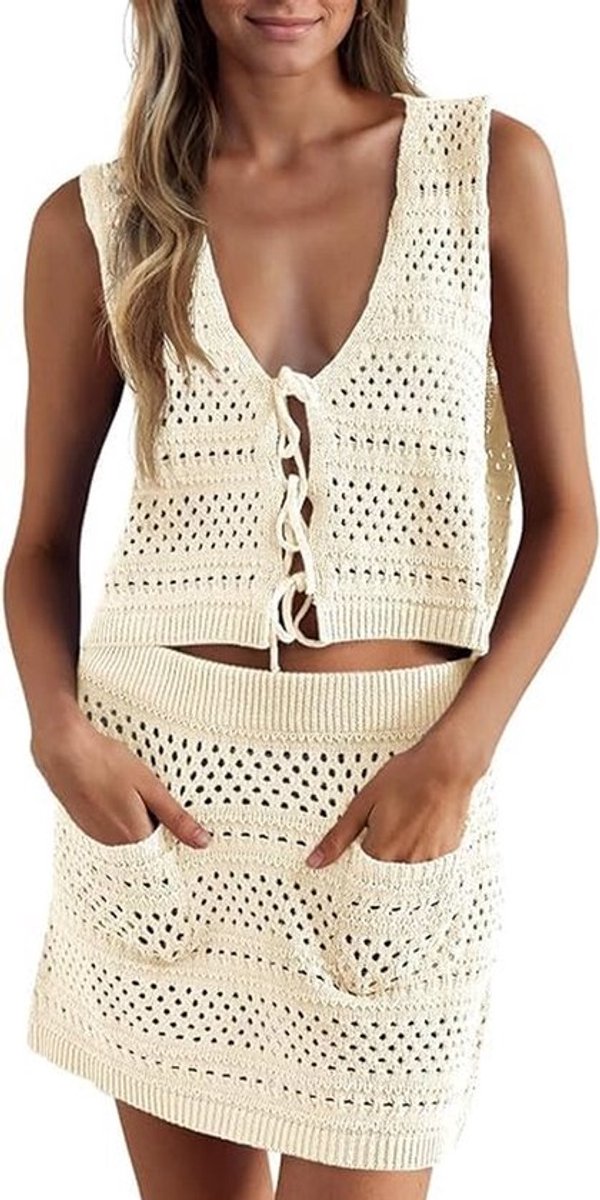 Cover-up Dames - Gehaakte Tweedelige Badpakset - Sexy Tankini met V-hals - Hoog Getailleerde Rok - Ademend en Comfortabel - Perfect voor Strand en Zwembad - Strandjurk