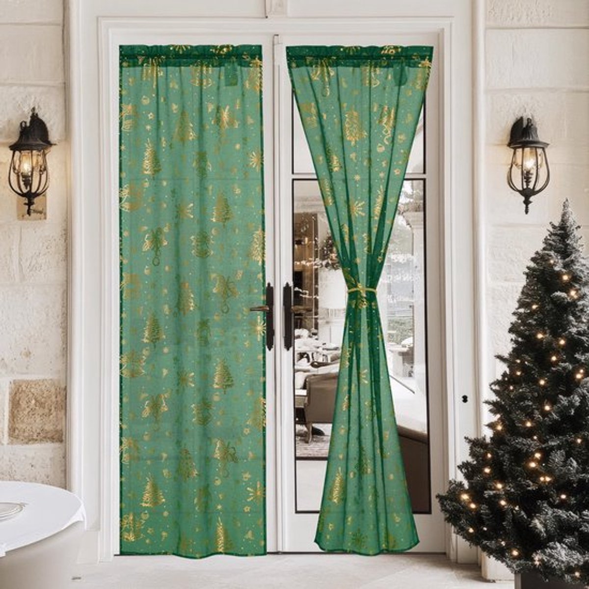 Kerstgordijnen Doorschijnend - 2 Stuks - 60x240cm - Lichtfilterend - Roedezak met 2 Maten - Feestelijke Motieven - Gordijnen