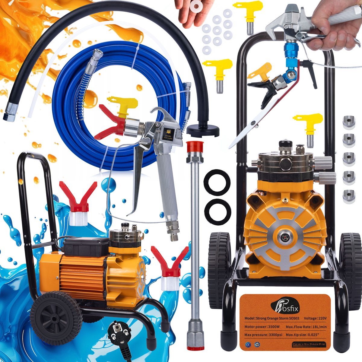 Rosfix Airless Verfspuit Strong SOS03 Orange Storm - 3500W Borstelloze, 18L/min - 22MPa, 8m Slang
