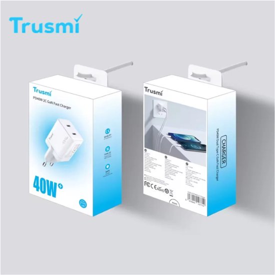 Dozen van de Trusmi 40W 2x USB-C GaN Fast Charger, één met de oplader, de ander met specificaties.