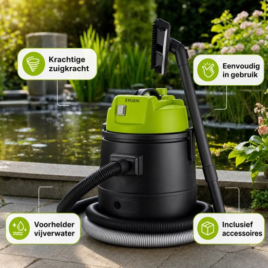 Zwarte vijverstofzuiger met groene deksel in een tuin setting. Met labels 'Krachtige zuigkracht', 'Eenvoudig in gebruik', 'Voorhelder vijverwater', 'Inclusief accessoires'.