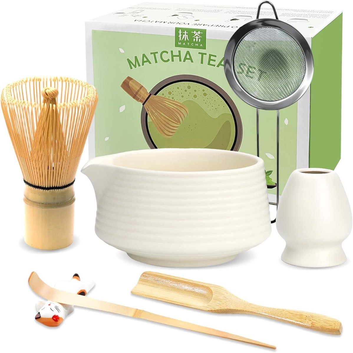 Matcha set - Mat Wit - 6-delig - Bamboe en Keramiek - Voor Matcha Liefhebbers