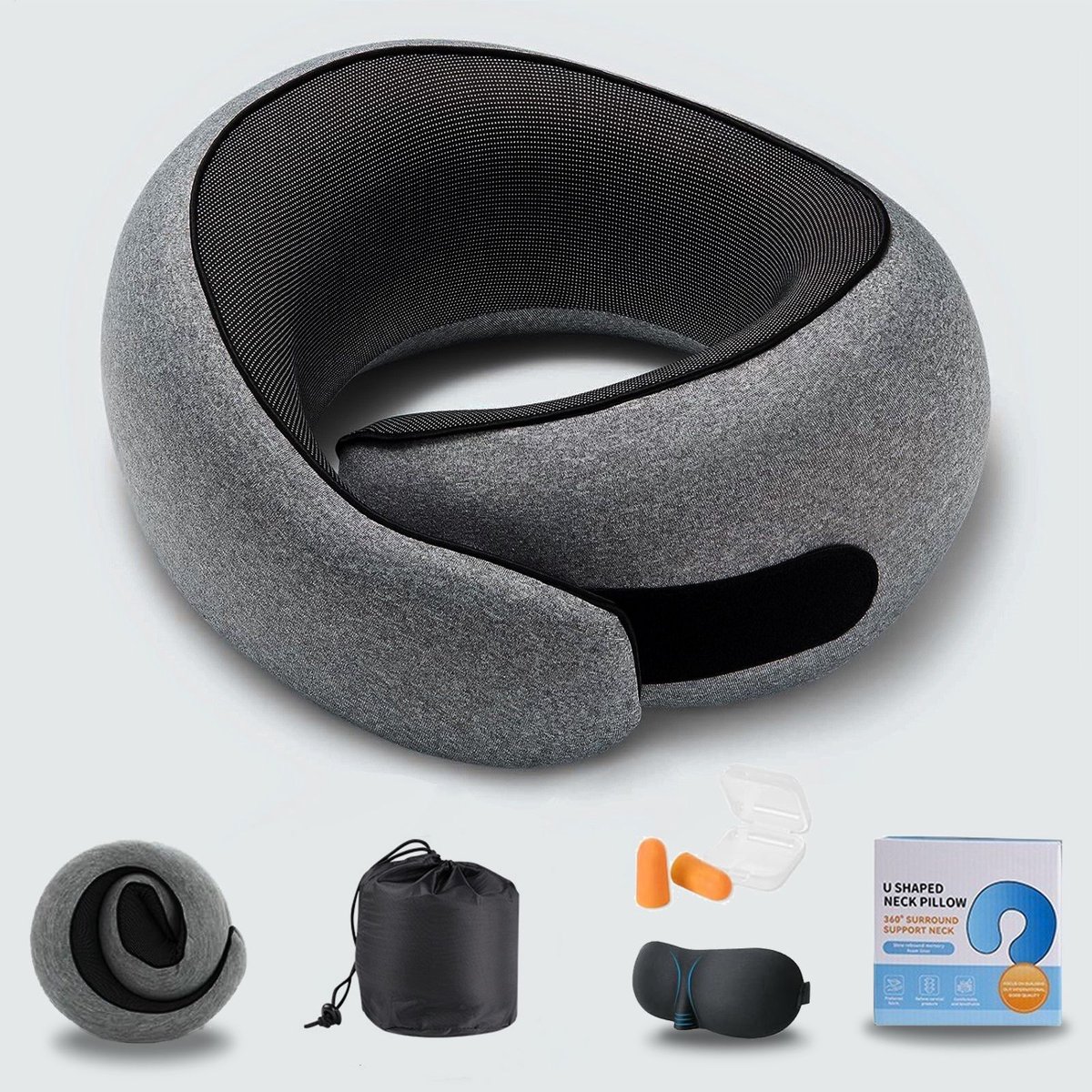 G‑vormig Reiskussen Geheugenschuim Set – Inclusief oogmasker en oordopjes, Medium grijs, Ergonomisch nekkussen voor vliegtuig en auto