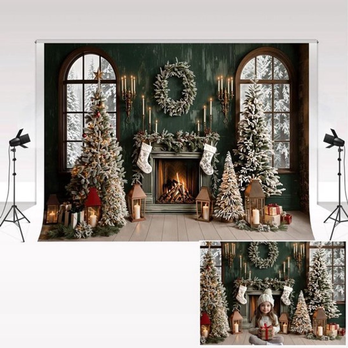 Kerst Achtergrond - Fotografie Achtergrond - Microvezel - 2,2x1,5 m - Winter Kerstboom - Geschikt voor Fotostudio - Retro Groene Muur