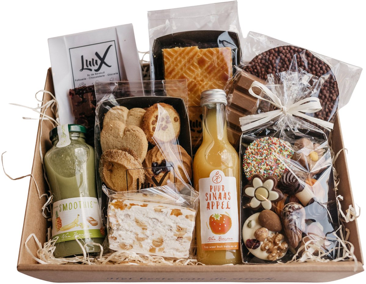 Het beste van de streek cadeaubox groot met chocolade, koekjes, sapje en smoothie