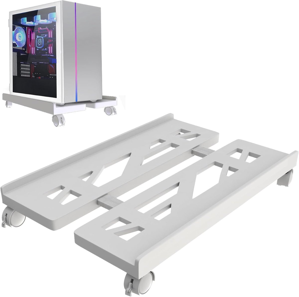 Mobiele PC-Houder Met 4 Zwenkwielen (Waarvan 2 Vergrendelbaar) - Verstelbaar Van 21-33 cm Draagvermogen Van 30 kg Montage Zonder Gereedschap - Ruimtebesparende Desktop-Torenbeugel - Wit
