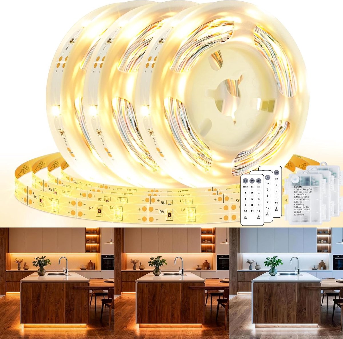 SnelShoppen - LED Strip met Batterij, 3 Meter, Dimbare Warm en Koud Witte LED Strips met Afstandsbediening, 12 Modus, Ideaal voor Kasten, Planken, Tra