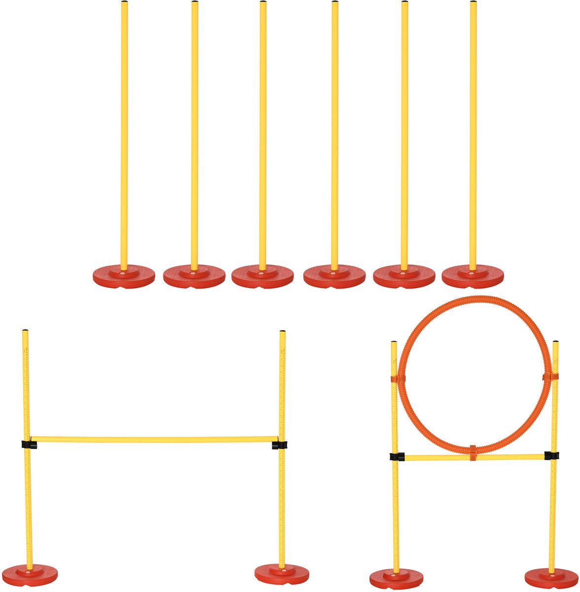 Hondentrainingsset: 3 oefeningen (slalom, hindernissen, ring), draagbaar, 2,5 kg, geel en rood.