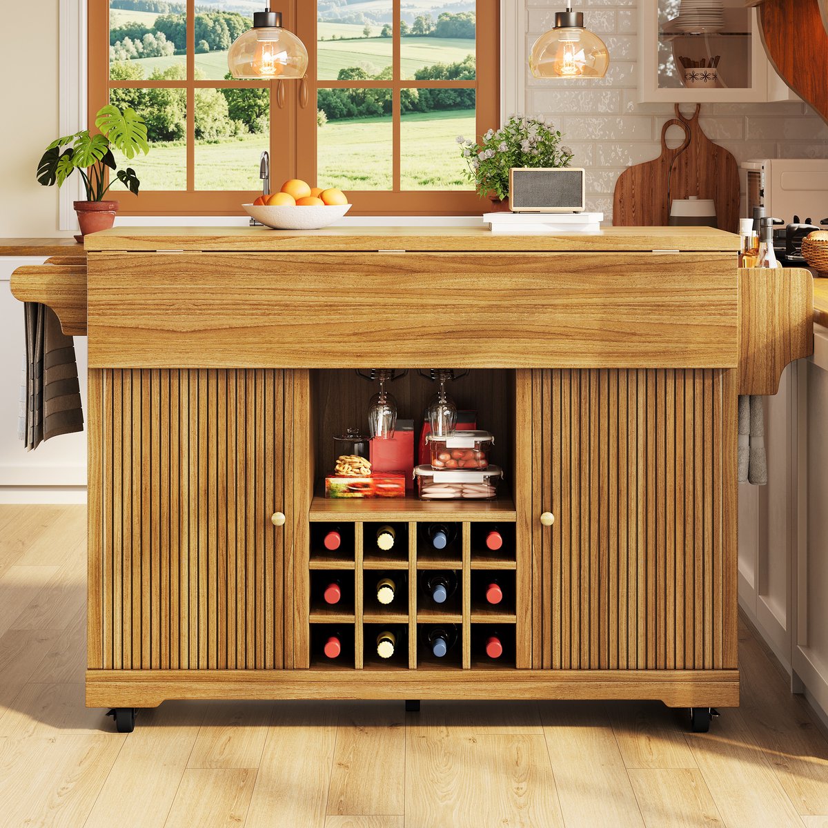 Keukeneiland – Uitklapbaar – 142,5 x 80 x 95 cm – Metaal en MDF – Donkerbruin – Op Wielen – Wijnrek