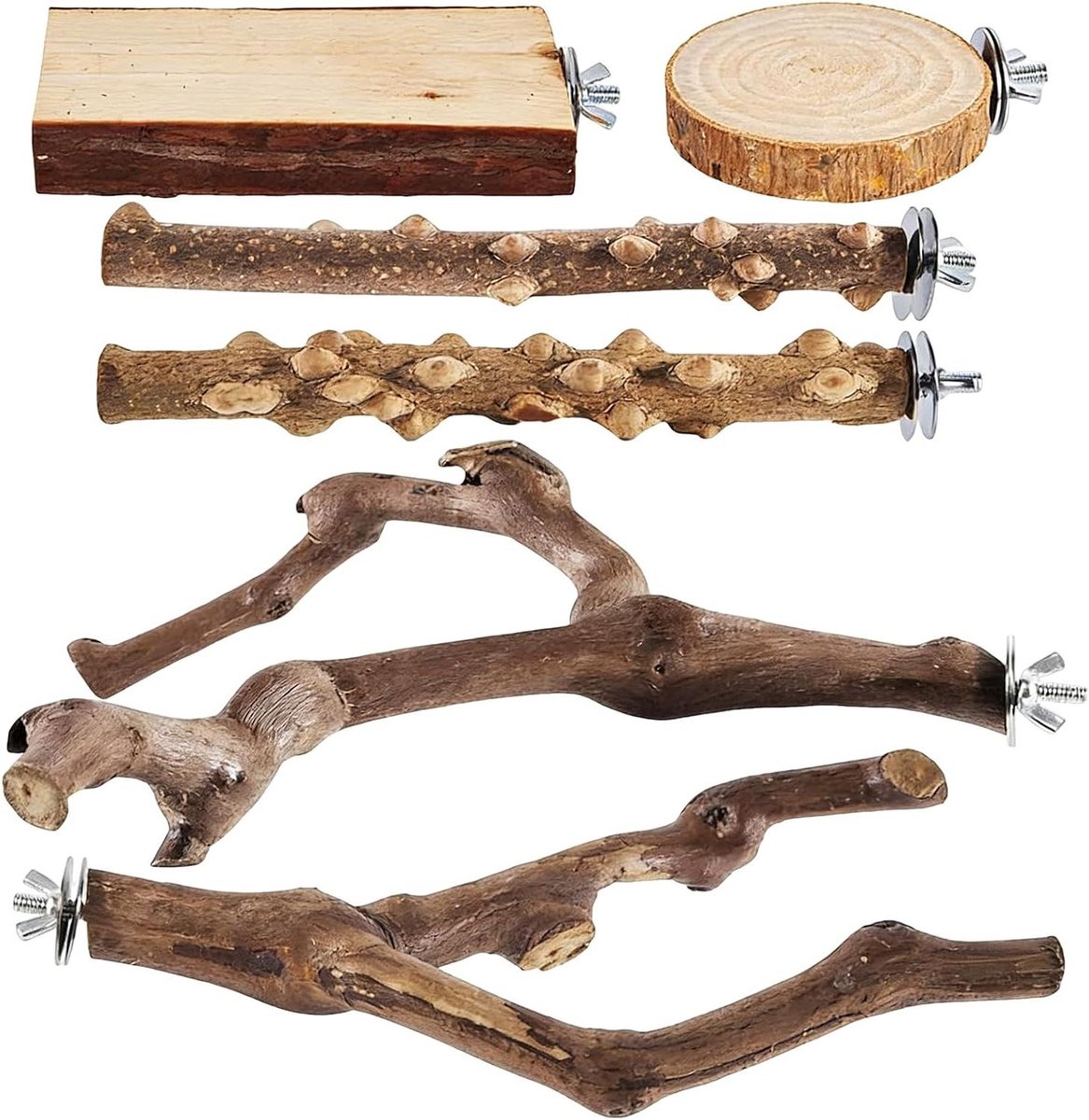 Vogel zitstokken - Vogel speelgoed - Volière verrijking - Natuurlijk anti-slip hout - 6 stuks - Meerkleurig