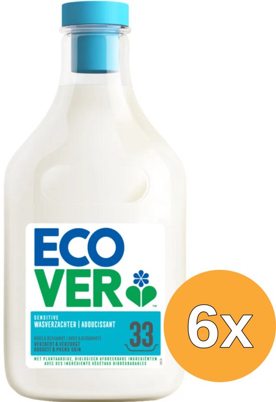 Adoucissant Ecover Sensitive à la rose et à la bergamote dans une bouteille à bouchon bleu. "6x" est inscrit sur un cercle orange.