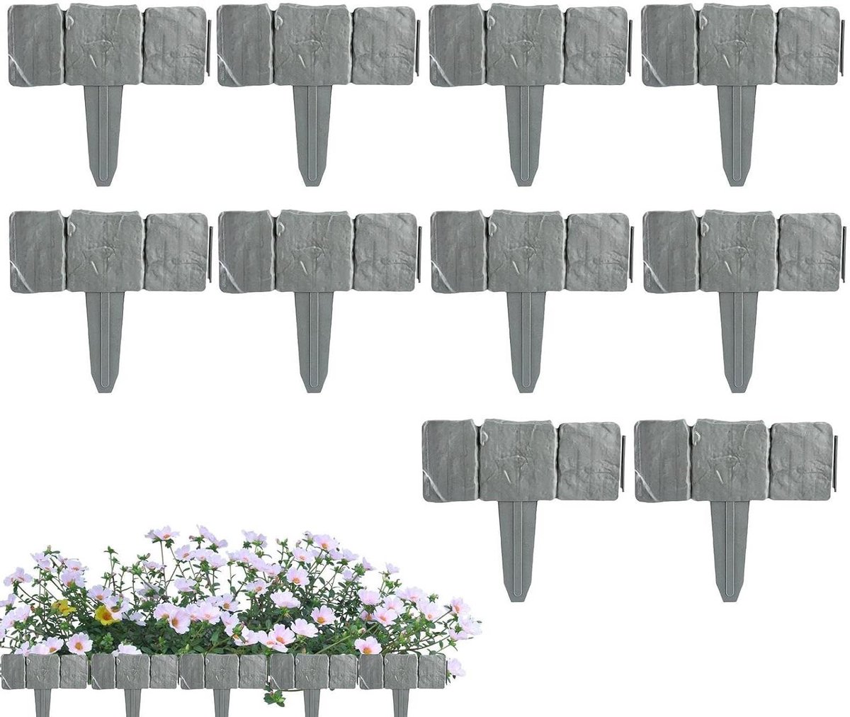 Tuinrandstenen 10-Delig - Kunststof Afscheiding - Tuin Decoratie - Realistische Steenlook - 25x23 cm - Grijs
