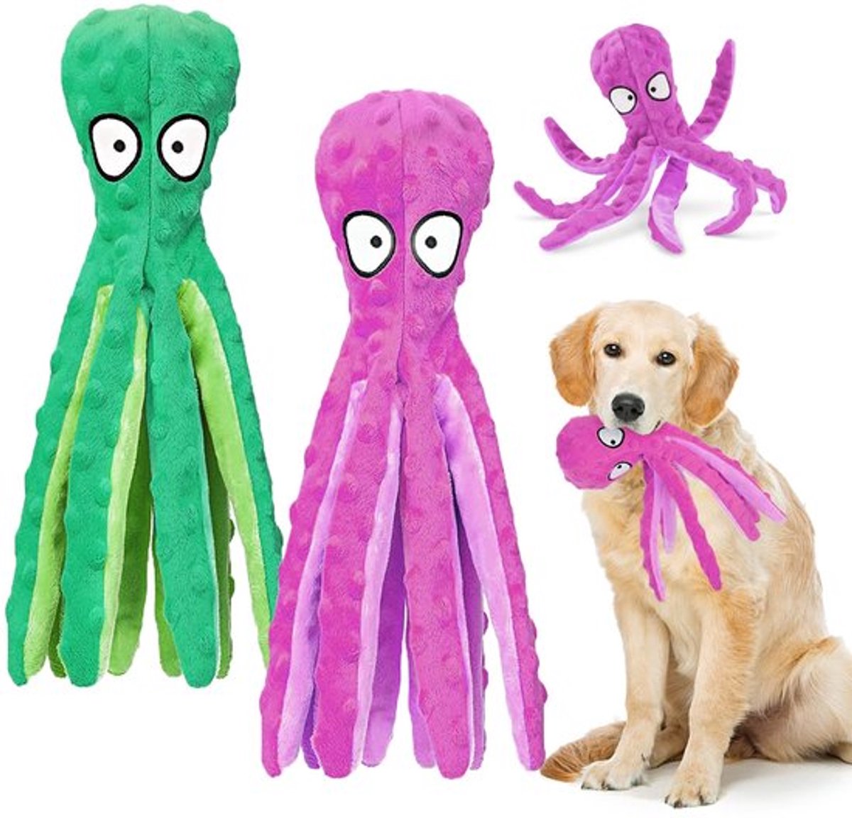 Hondenspeelgoed – Pluche Octopus – Tandenreiniging – Paars en Groen – Duurzaam en Kreukelpapier – Geschikt voor Grote Honden – 2 Stuks