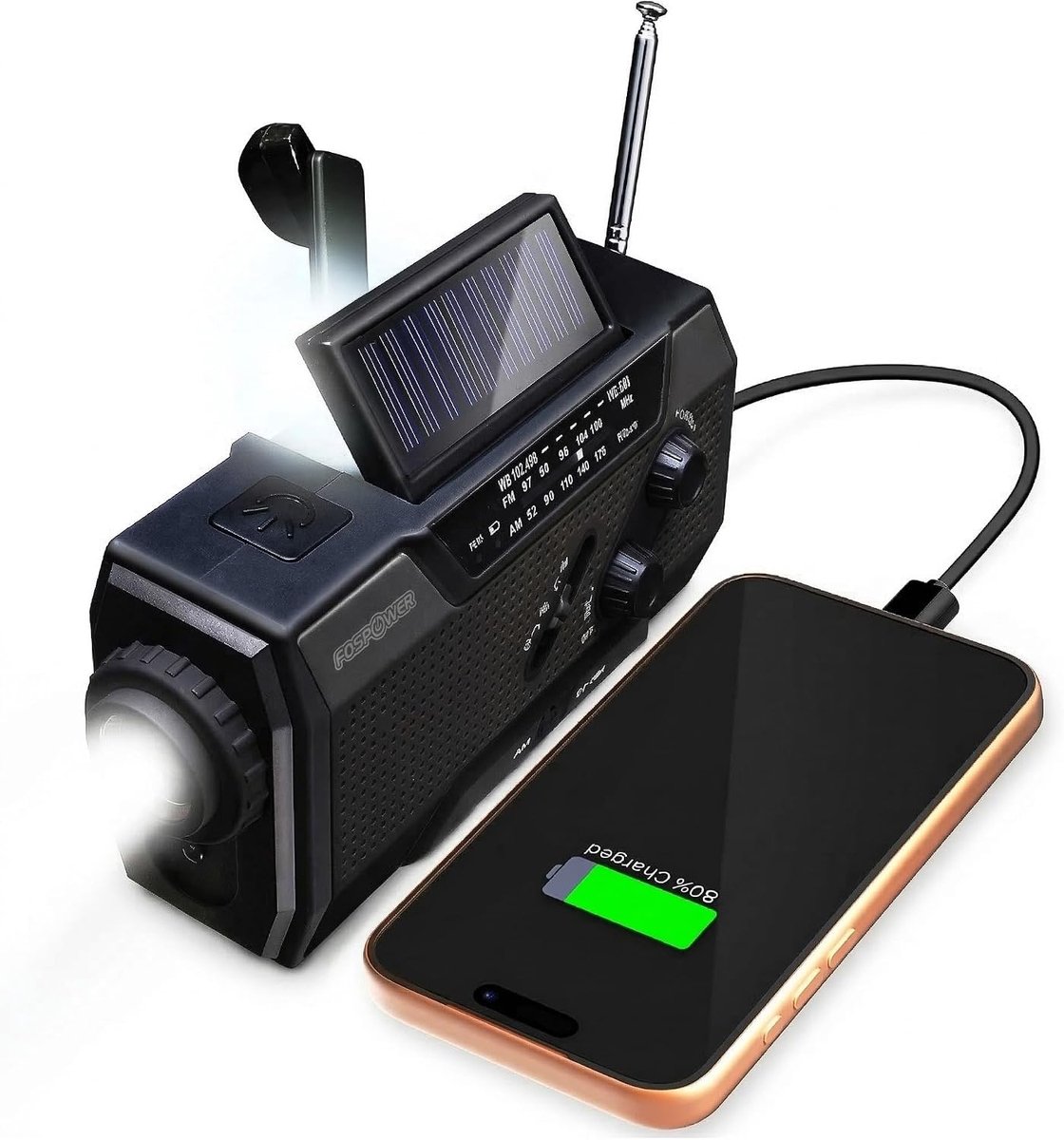 Noodradio met 2000 mAh Powerbank – Solar & Handdynamo – AM/FM – Zaklamp – SOS Alarm – Zwart