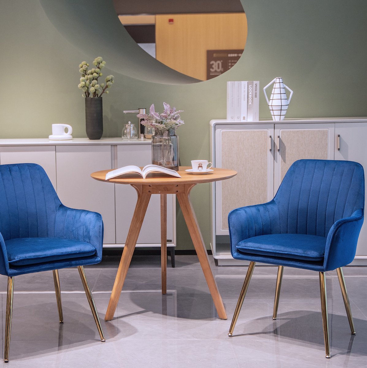 COVREO Eetkamerstoel set van 2, blauw velvet met armleuning en metalen poten