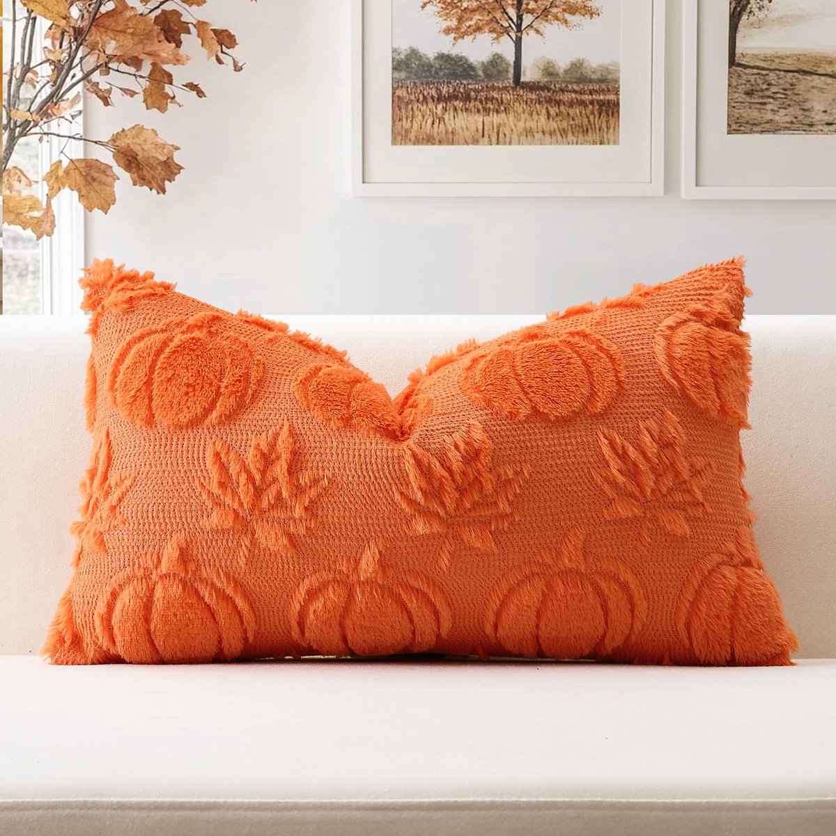 Kussenhoes met pompoen en ahornbladeren, 30x50 cm, oranje