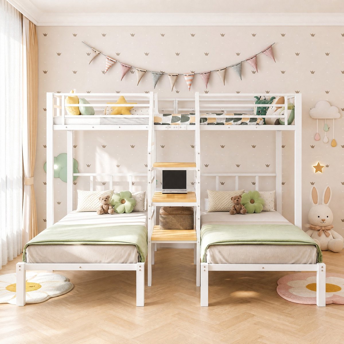 COVREO Stapelbed 90x200 cm wit, metaal en MDF met bureau en opbergladder