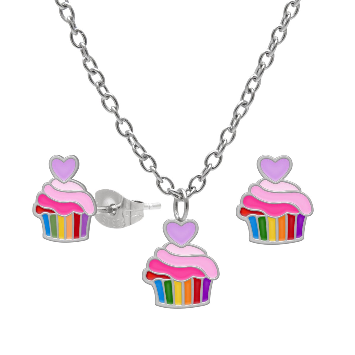 Meisjes Sieradenset Cupcake – Ketting en Oorstekers – Chirurgisch Staal – Kleurrijke Kindersieraden met Lila Hartje