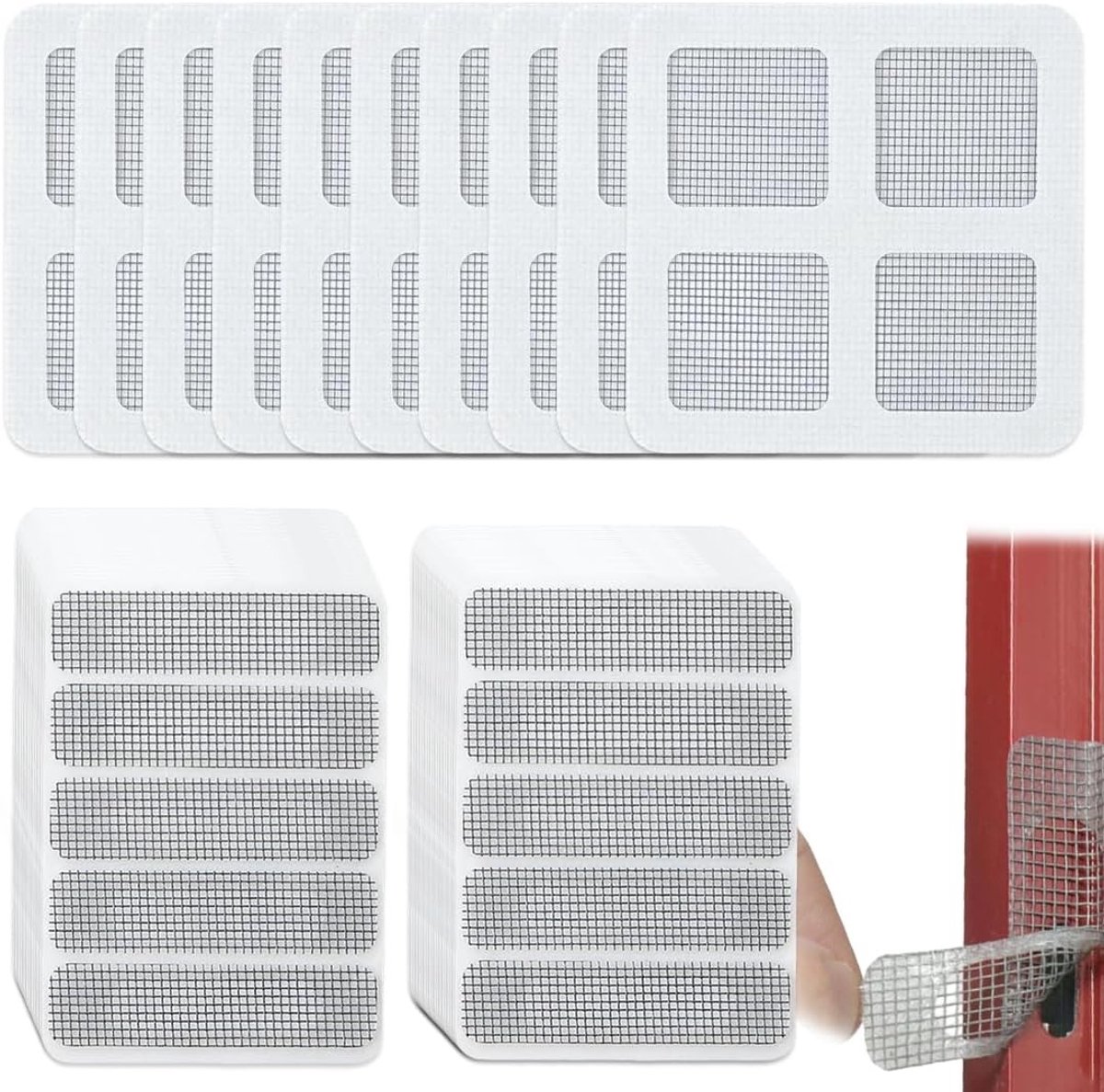 Reparatieset voor muggennetten, 60 stuks, zelfklevend voor ramen en deuren, eenvoudige oplossing voor gaten en scheuren in insectenbescherming en klittenbandsluiting