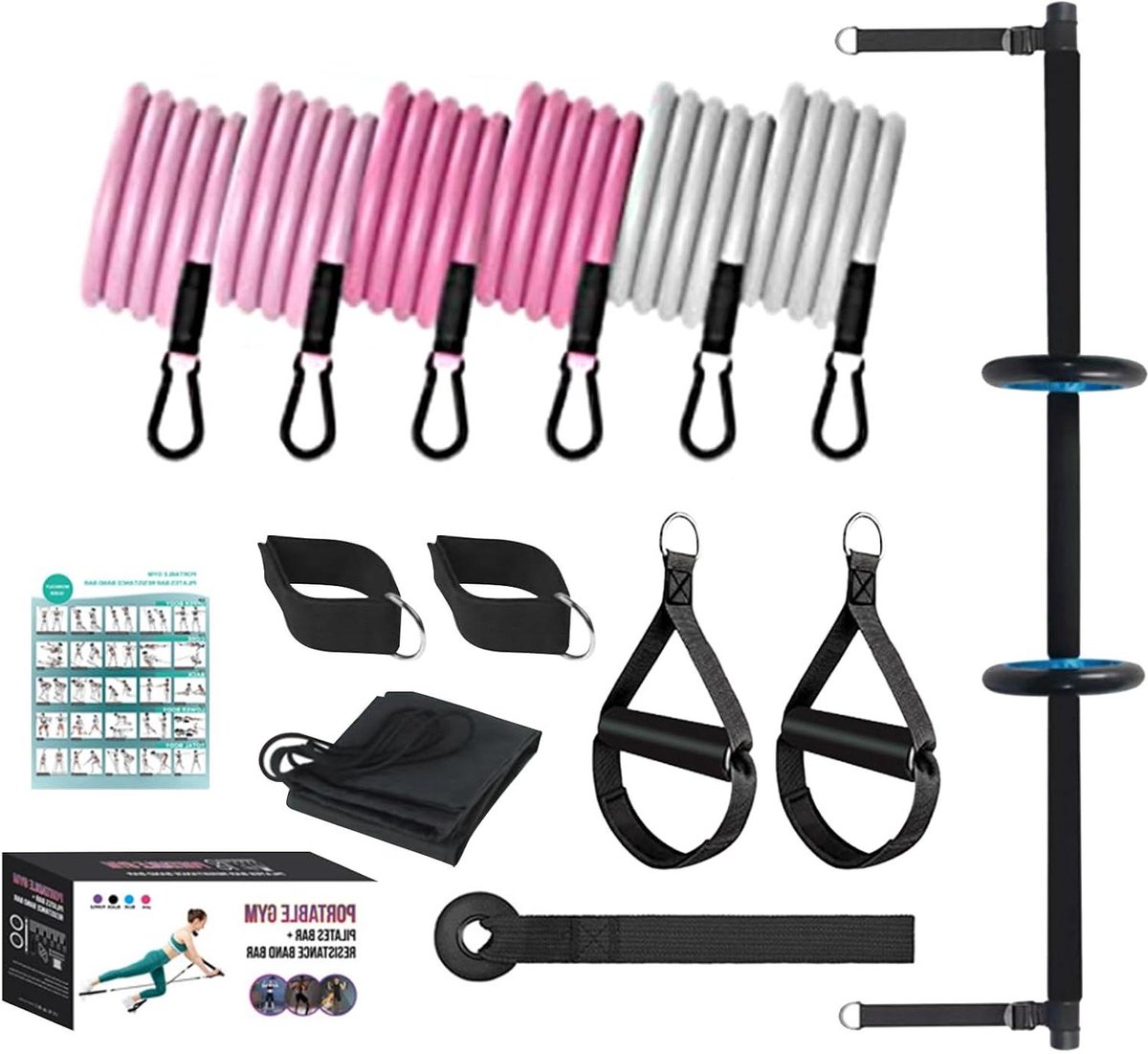 Pilates Bar Set - Fitness Bar Workout Tool - Full Body Workout - Verstelbare Weerstandsbanden - 120 cm - Grijs