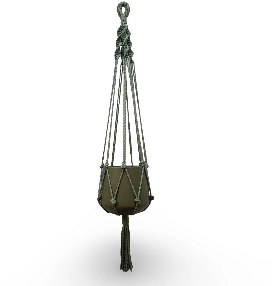 Plantenhanger 'Twisty' - Kies Kleur en lengte (kopie) - Olijfgroen - 100 cm lang - Katoenkoord - Geschikt voor Pot met Diameter t/m 25 cm - Handgemaakt in ons Macramé Atelier - Prijs per Stuk - Let op: Exclusief Pot - Inclusief Verzendkosten