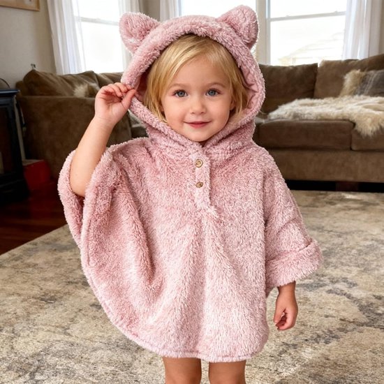 Baby Poncho met Capuchon - Kinder Cape Fleece - Warm Houden - Zachte Fleece Stof - One Size - Roze — afbeelding 5