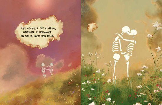 Twee skeletten in een veld met bloemen. Links een klein skeletpaar, rechts een groter paar omhelzend. Tekst op een verbrande achtergrond.