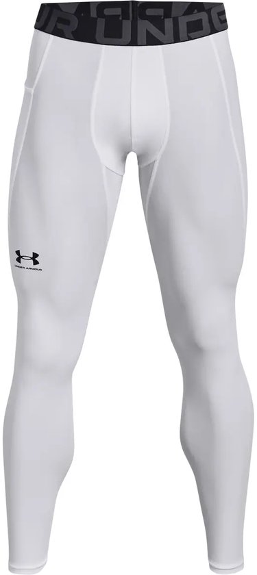 Witte Under Armour sportlegging voor heren met zwarte band met logo.