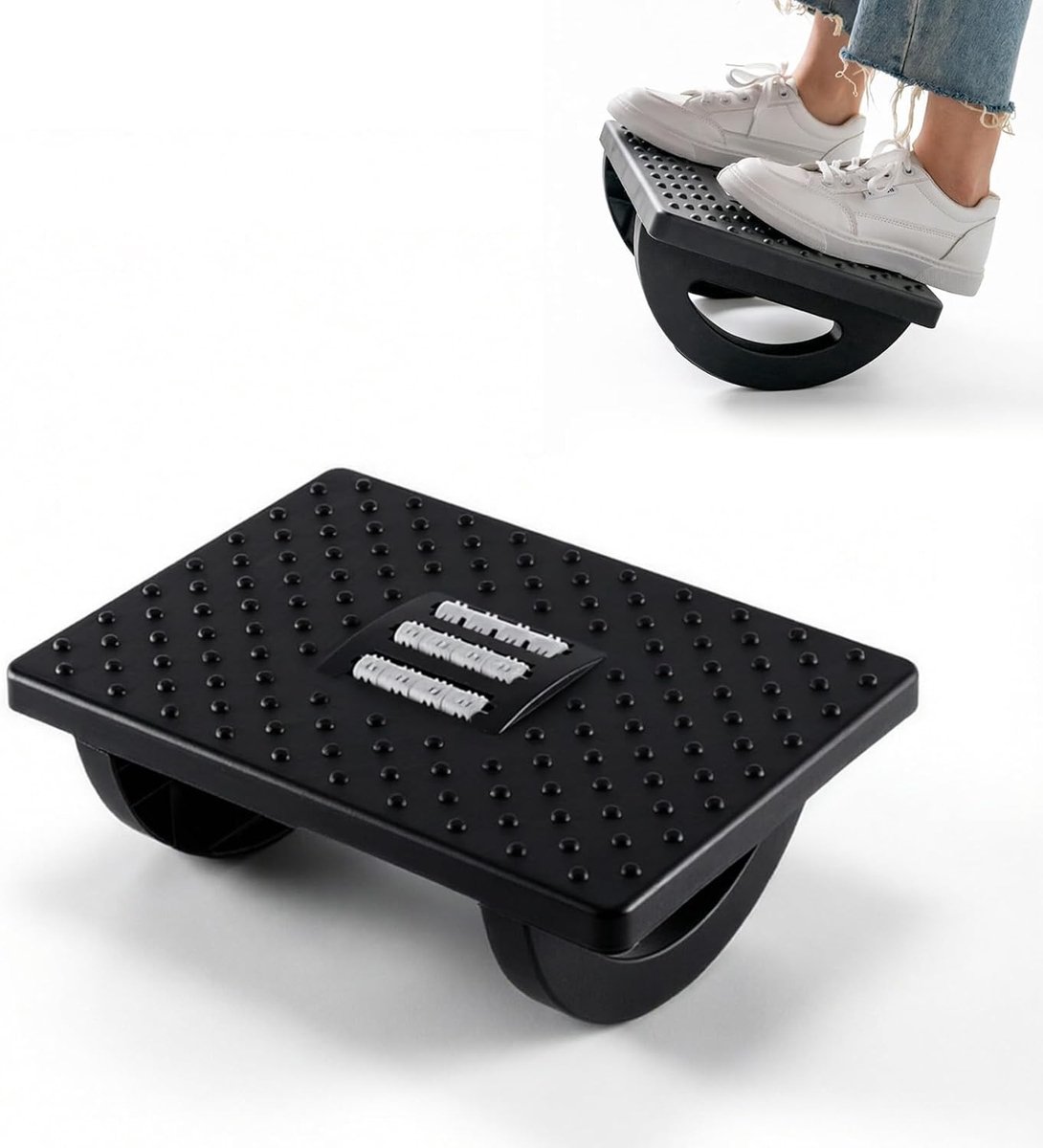 Comfortabele voetsteun met massagefunctie voor thuiskantoor, antislip ontwerp, vermindert vermoeidheid in benen en knieën, ideaal voor bureauwerk.