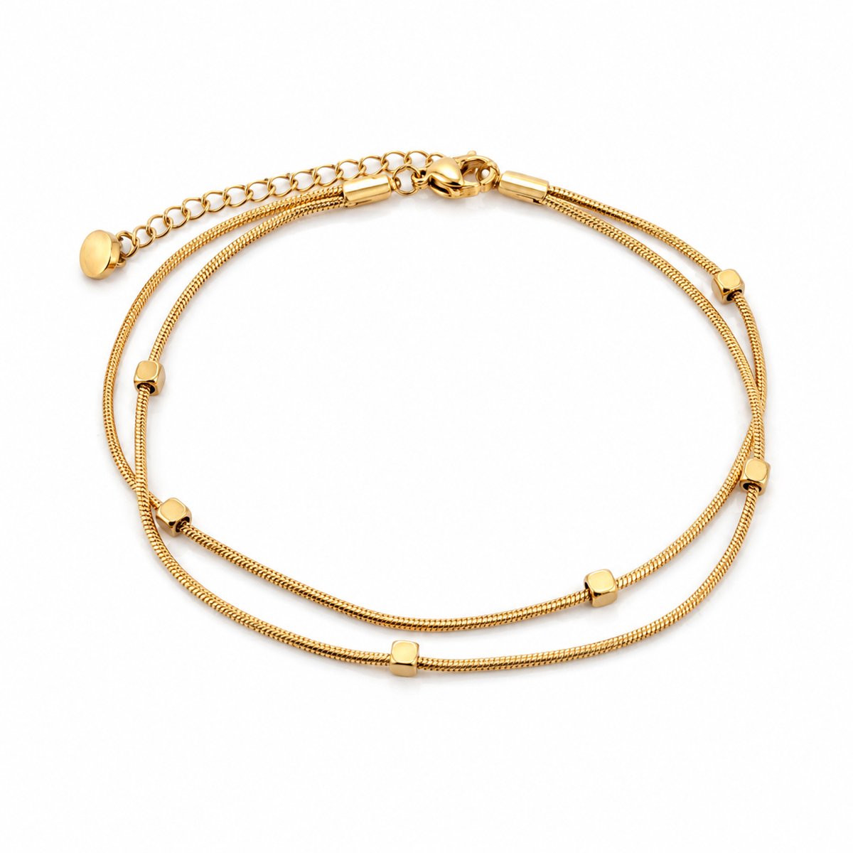 Enkelbandje met dubbele ketting en kubusjes van chirurgisch staal met een goudkleurige plating - 20-26 cm