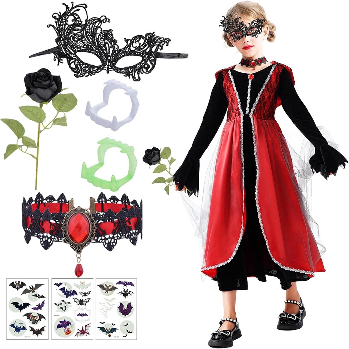 Halloween Kostuum voor Kinderen, Vampier Cape en Jurk met Robijn Halsketting, Perfect voor Carnaval en Themapartijen