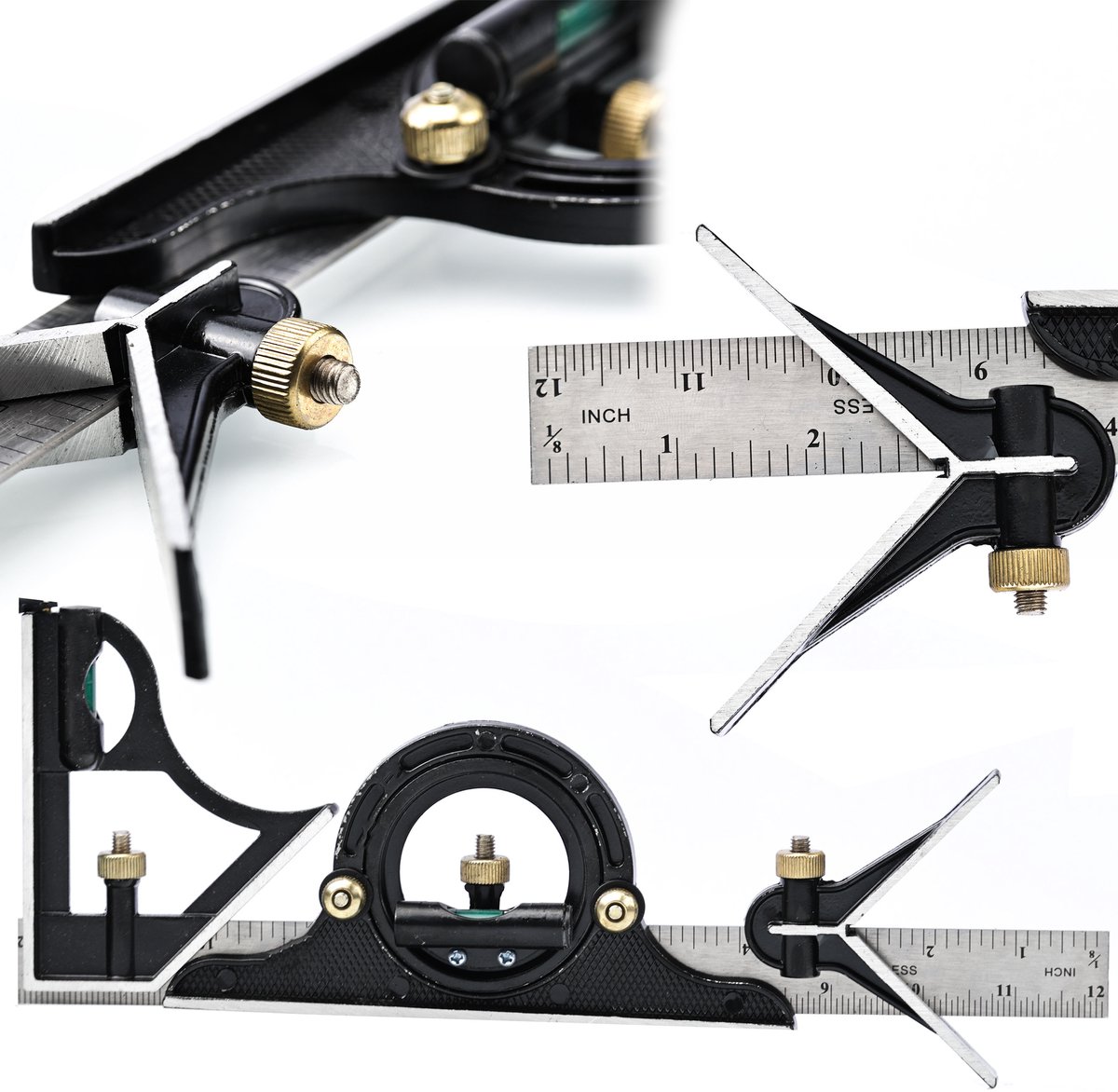 Rosfix Combinatiehoekmeter - Metalen Noniusschaal met Loep - 0–180° 300 mm Liniaal