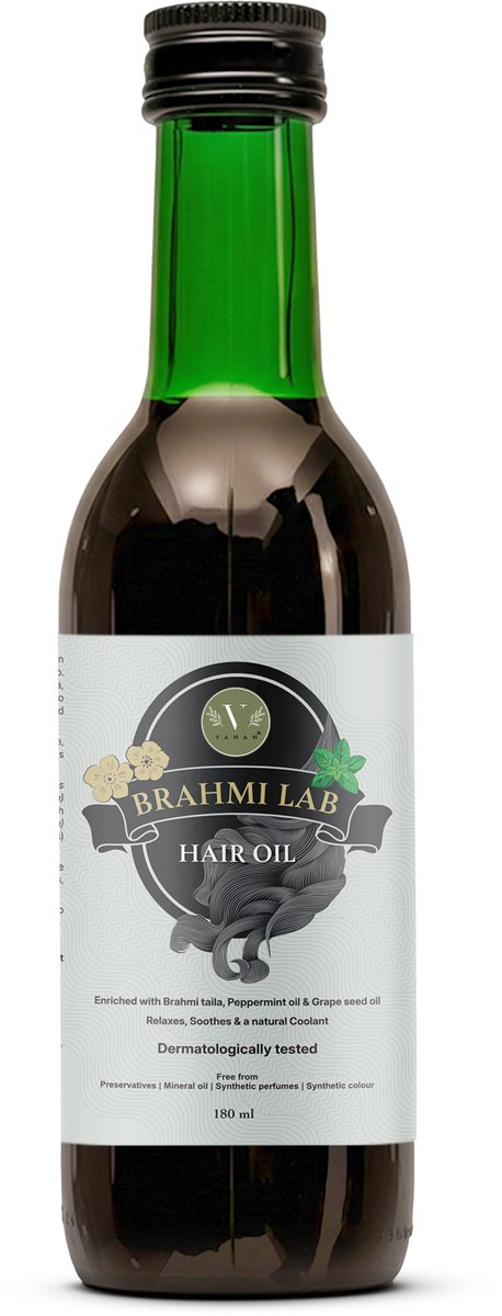 Vanan Brahmi Lab Haarolie 180ml | Waterloze Ayurvedische Haarolie voor Droog Haar & Hoofdhuidverzorging | Met Brahmi Taila, Kokosolie, Castorolie, Druivenpitolie, Pepermuntolie & Menthol