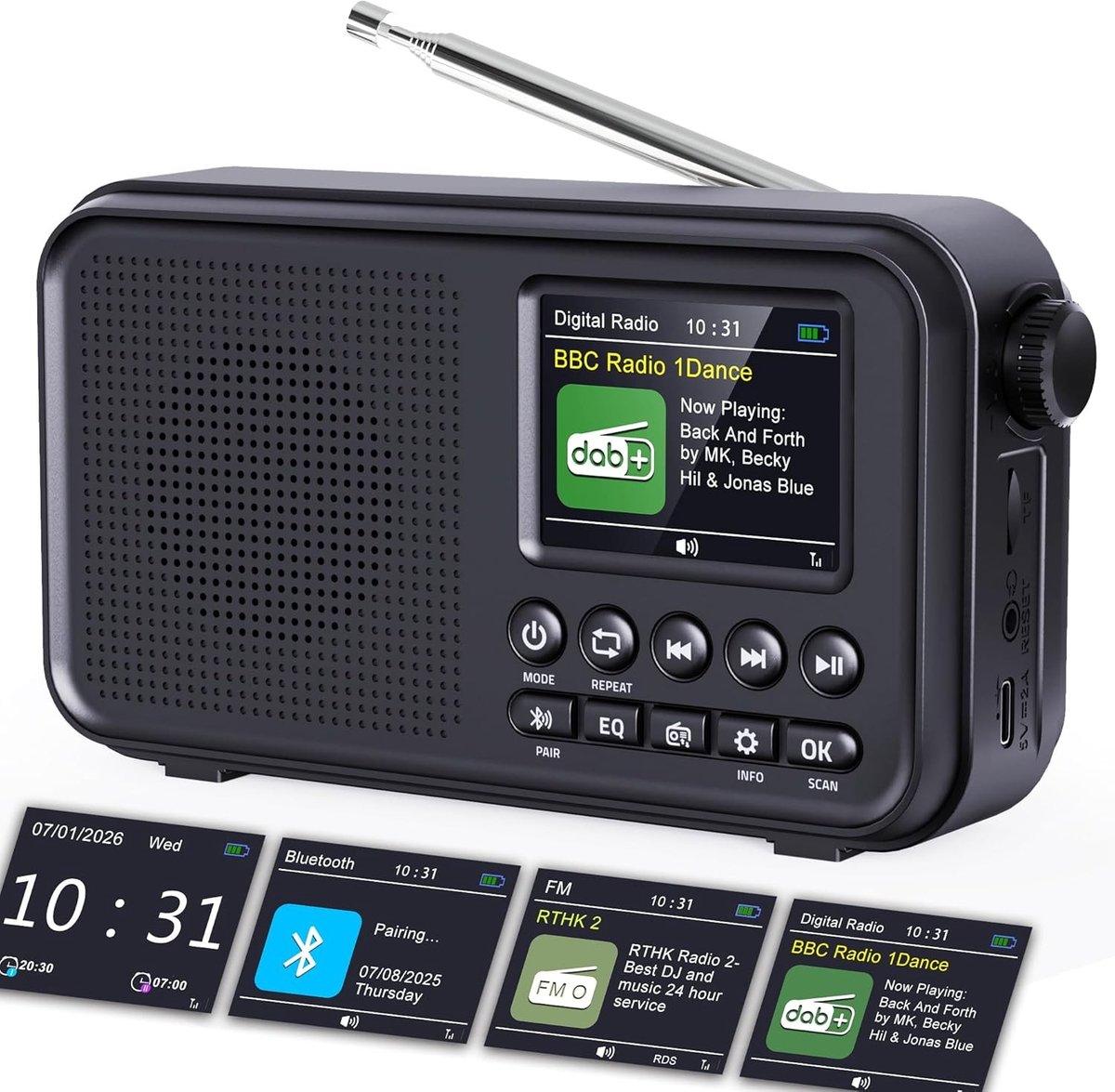 Draagbare DAB/DAB+ Radio - Zwart - 17 x 5 x 9 cm - Met Bluetooth en 3000 mAh Accu - Voor Thuis en Onderweg