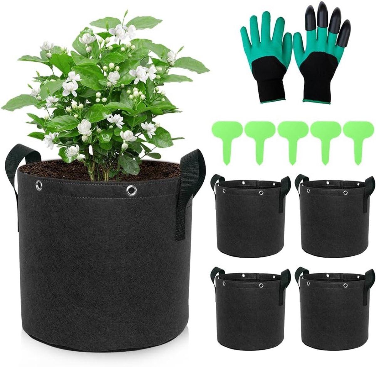 Kiempot - Grijs - 19 Liter - Vliesstof Plantenzak met Plantentags en Handschoenen - Voor Groenten en Bloemen