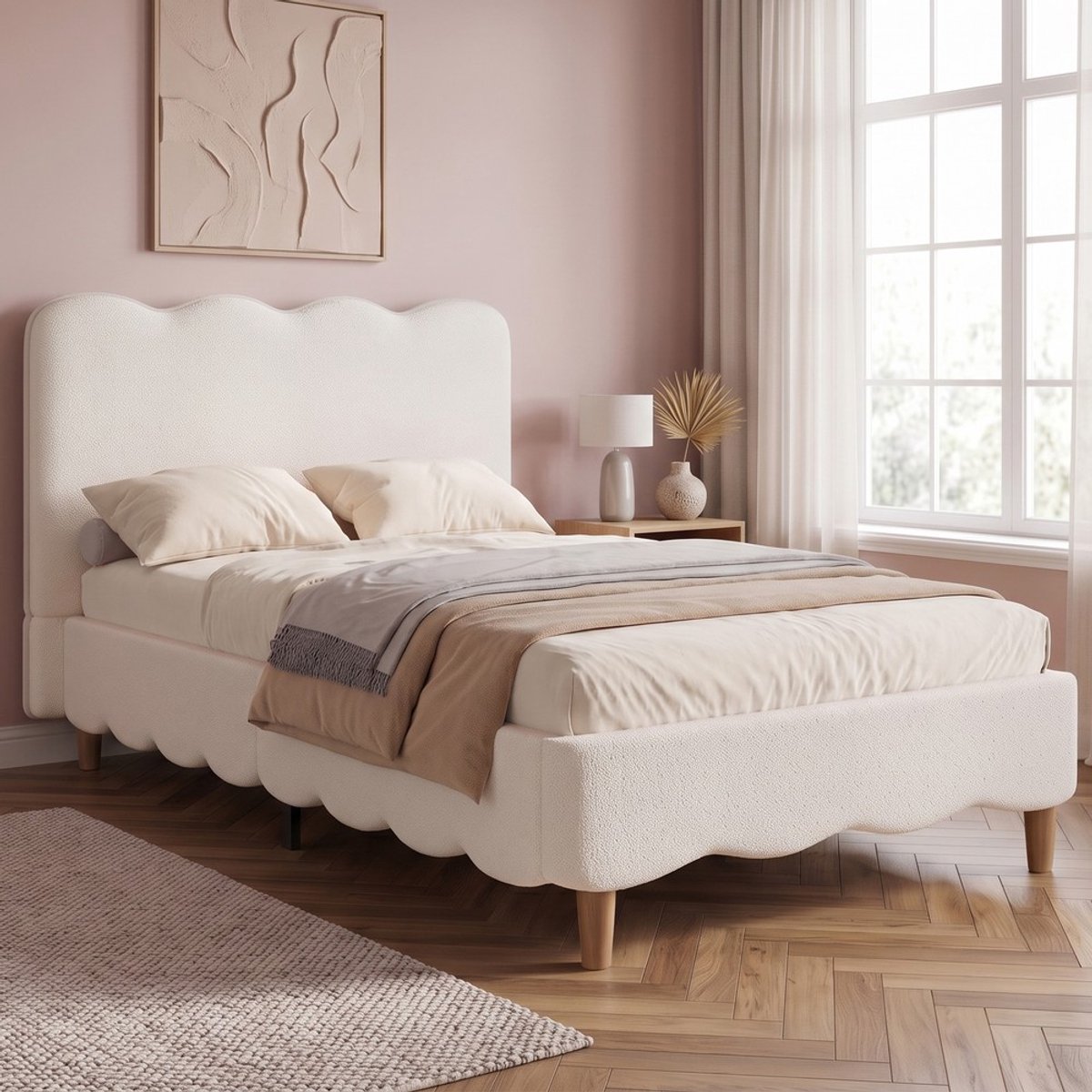 Pugsdrly Gestoffeerd bed, eenpersoonsbed, kinderbed 90 x 200 cm, bed met lattenbodem en hoofdeinde, bedpoten van massief hout, gestoffeerd hoofdeinde, bouclé, wit