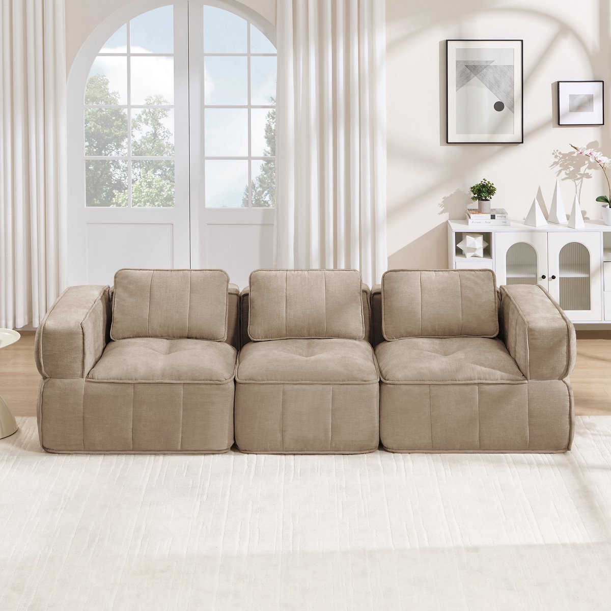 Modulaire 3-Zitsbank, Ontwerp Zonder Steunpoten, 32D Schuim Met Hoge Dichtheid, Comfortabele Stof, Geschikt Voor De Woonkamer, Antislip Ontwerp, Geen Montage Nodig-Sand