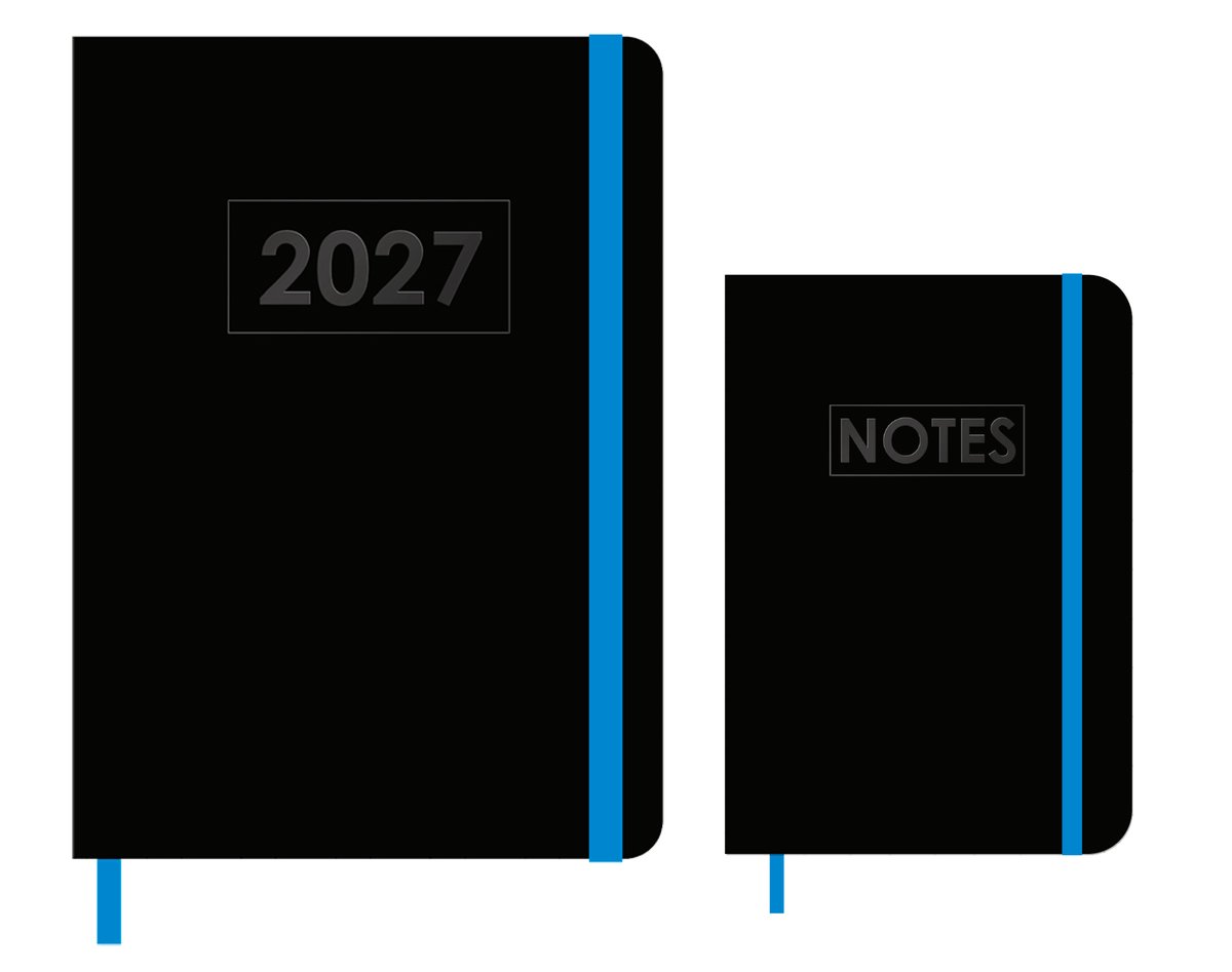 MGPcards - A5 Agenda 2027 - Weekoverzicht 1w/2p - Zwart + Blauw elastiek - 14,8 x 21 cm + Notitieboekje/opschrijfboekje - gelinieerd - 80 pagina's - A6 - Zwart