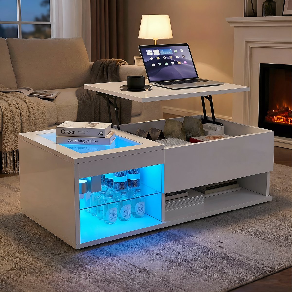 Salontafel 100x55x35 cm, rechthoekige koffietafel met LED-sfeerverlichting, in hoogte verstelbaar en opklapbaar, met opbergruimte, hoogglans gelakt, wit