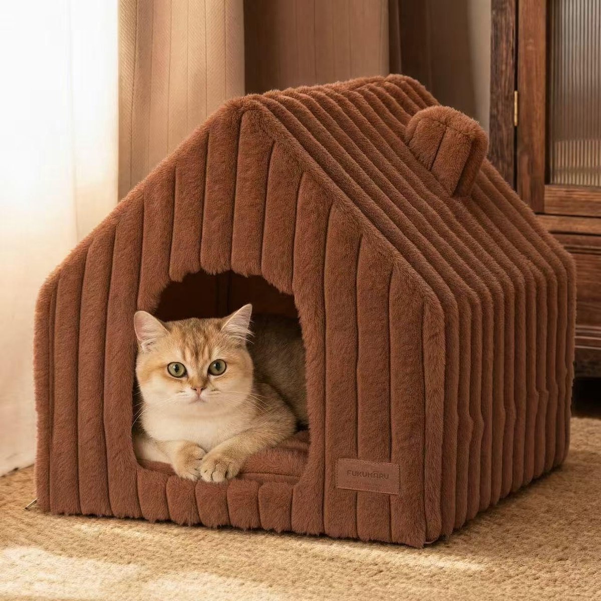 Kattenstoel - Bruin - 44,5 x 44,5 x 44,5 cm - Zacht nepkonijnenbont met afneembaar kussen - Voor binnenkatten