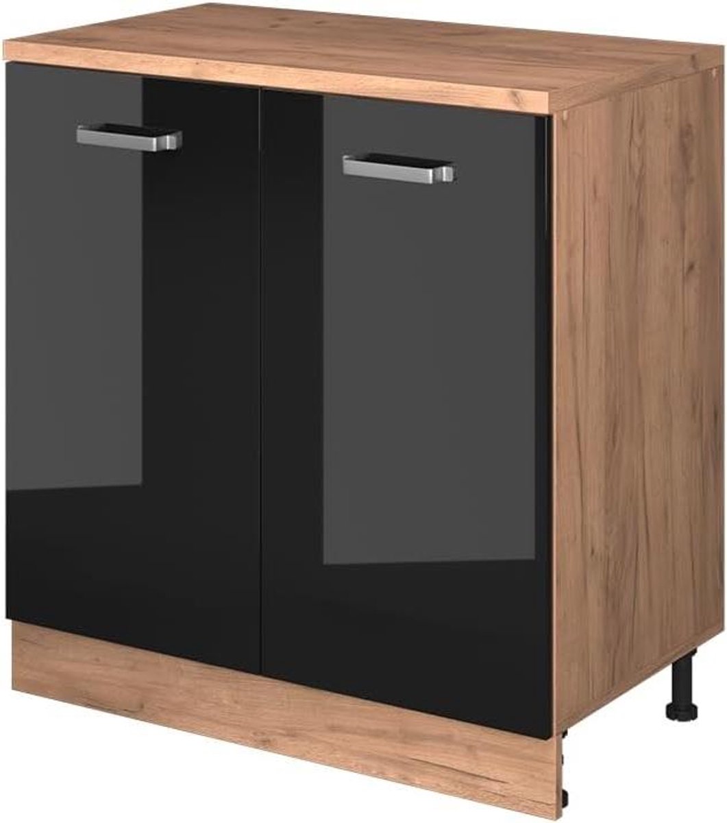 Keukenkast Schuine Wand - Opbergkast Hoek - Keuken Organiseren - Met 2 Deuren - 80 cm Breed - Zwart Hoogglans