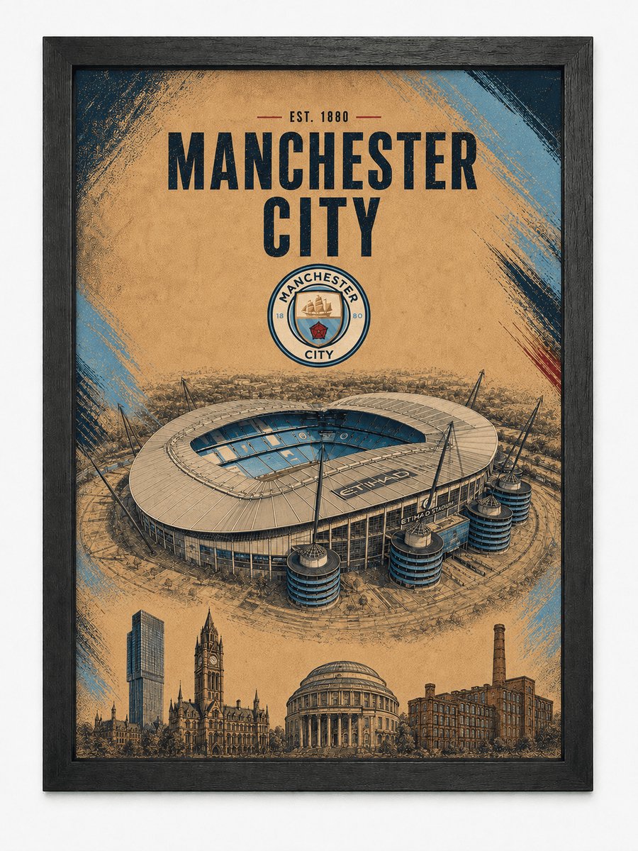 Manchester City Poster | Etihad Stadium & Skyline | Inclusief Zwarte A3 Lijst