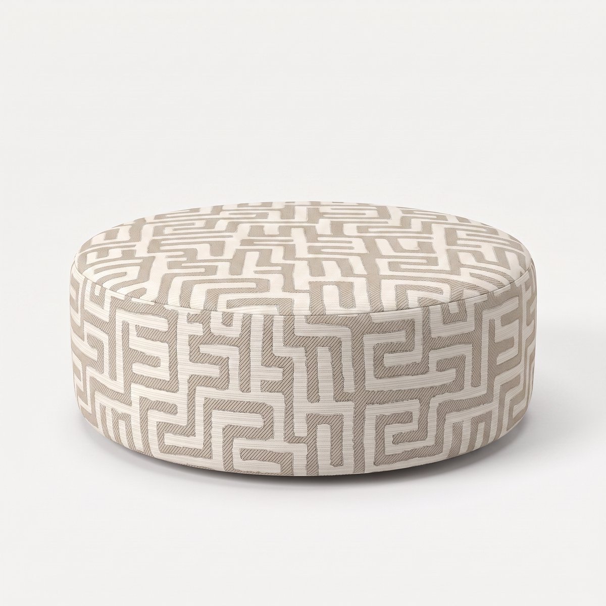 Mörgenn Poef Maze Lin Beige - Ronde Poef en Voetenbank - Jacquard Labyrint - 100x100x40 cm
