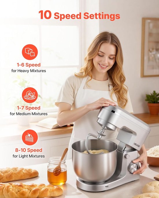 Stand Mixer - Keukenmachine Food Processor - Bakken en Koken - 10-Speed Swivel - 5.7 L - Zilver — afbeelding 4