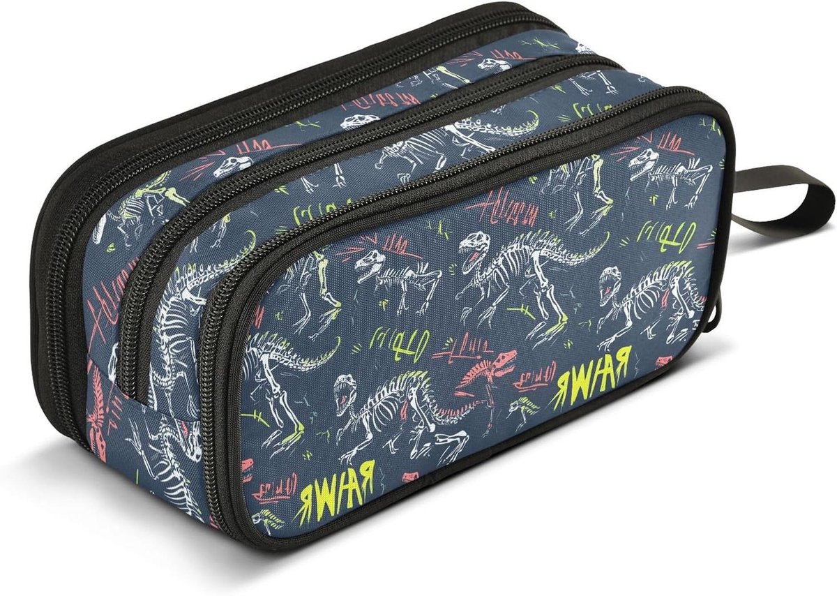 Etui Potlood Houder - Pennenzak Opberger - Briefpapier Organiseren - Ruim Drielaags Ontwerp - Tot 75 Potloden - Dinosaurus Print